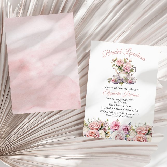 Bröllslunchinbjudan i rosablommig nyans inbjudningar (Blush Pink Roses Tea Set Bridal Luncheon Invitation on  a sunny neutral dry palm leaf.)