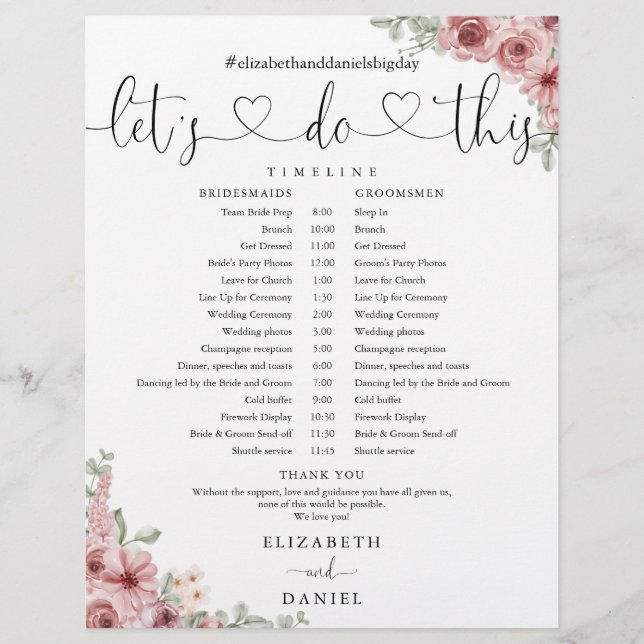 Bröllsschema Tidslinje med Blommig Hjärtlig Skrift (Framsida)