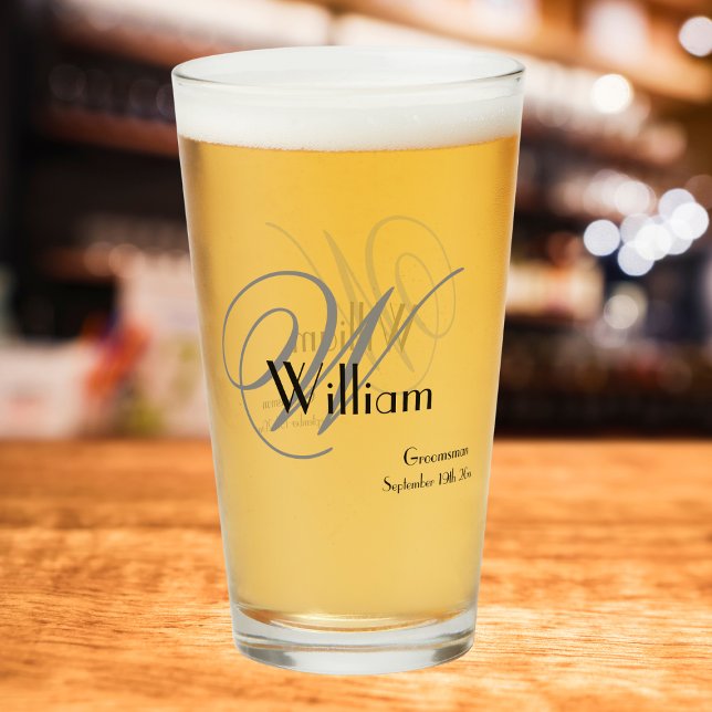Bröllsvittmanspresent Elegant Monogram Namn Datum  Glaskopp (The Perfect Groomsmen Gift - Beer Glass with Elegant Monogram, Personalized Name and Date.)