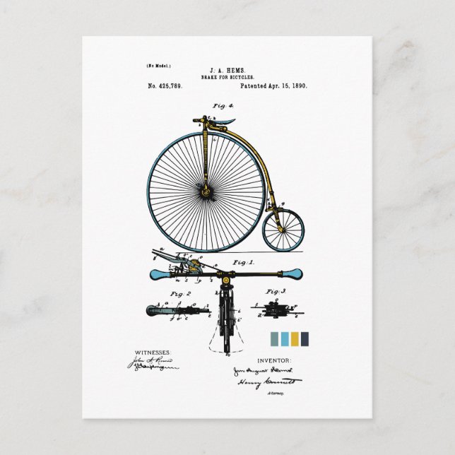 Broms for Bicycles - J. A. Hems Patent Färgad Vykort (Framsida)