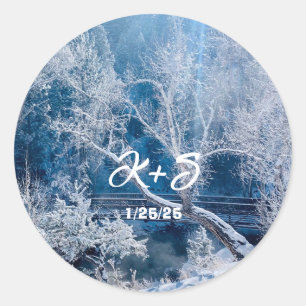 Bron Bröllop Sticker i Vinterbergen i Snö Runt Klistermärke