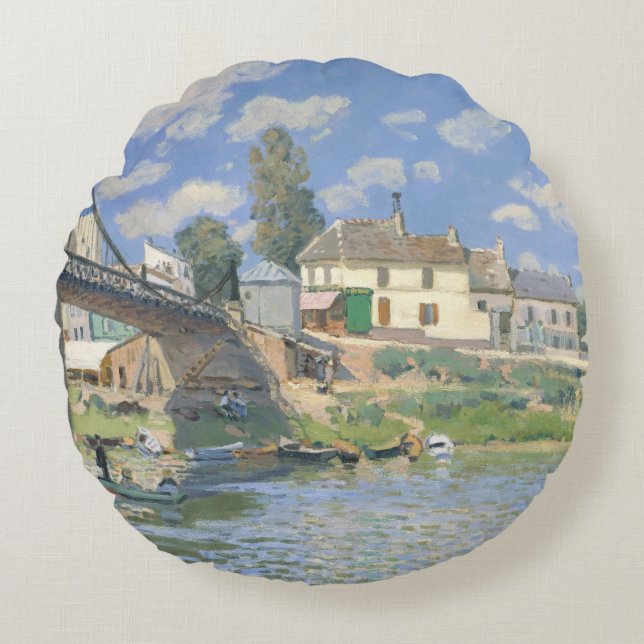 Bron i Villeneu av Sisley Impressionist Paint Rund Kudde (Framsidan)