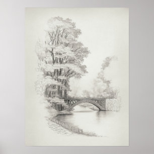 Bron över floden Sketch med stort träd, vintage Poster