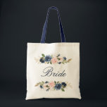 Bron över marin och  rosa blommigt tygkasse<br><div class="desc">En underbar blommigt brud är i väskan. Den har marinblått och rosa  ro och du kan anpassa texten och färg.</div>