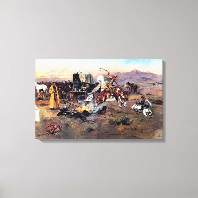 Bronc i Cow Camp av Charles M Russell Canvastryck (Framsida)