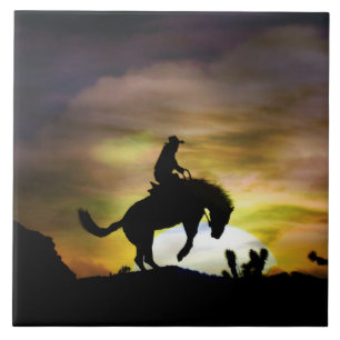 Bronc Rider and Bucking Horse Kakelplatta