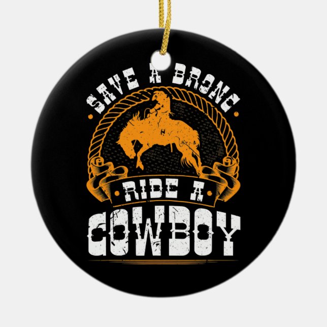 Bronc Riding Ride a Cowboy Bucking Horse Rodeo Julgransprydnad Keramik (Framsidan)