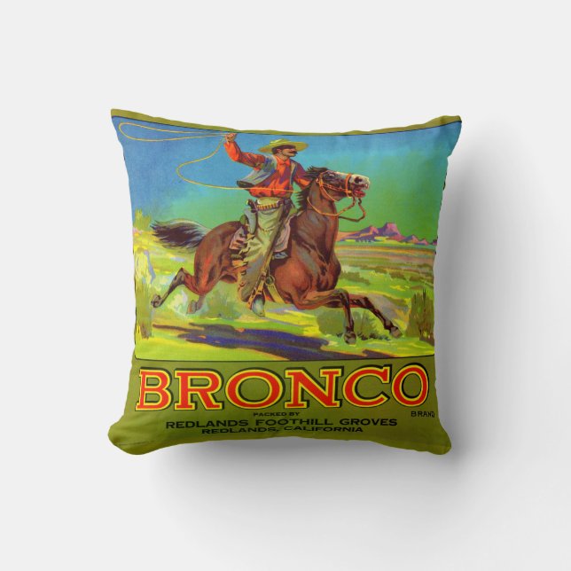 Broncos frukt-låda-etikett 1920-talet kudde (Framsida)
