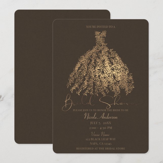 Brons Bruna Botaniska Blad Klänning Bröllopsdusch Inbjudningar (Fram/baksida)