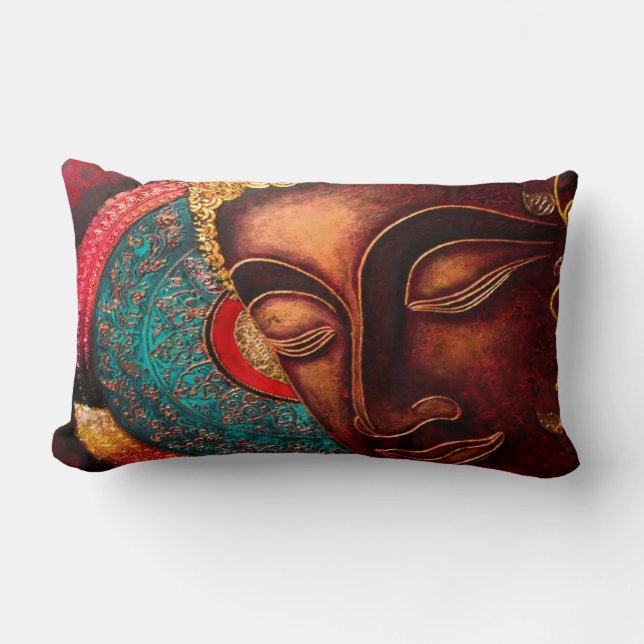 Brons det Buddha huvudet & färgrika Madala Lumbarkudde (Framsida)