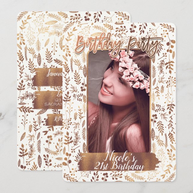 Brons Koppar Guld Modern Födelsedagsfest Foto Inbjudningar (Fram/baksida)