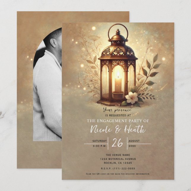 Brons Lysande Lykta Romantisk Rustik Förlovning Inbjudningar (Fram/baksida)
