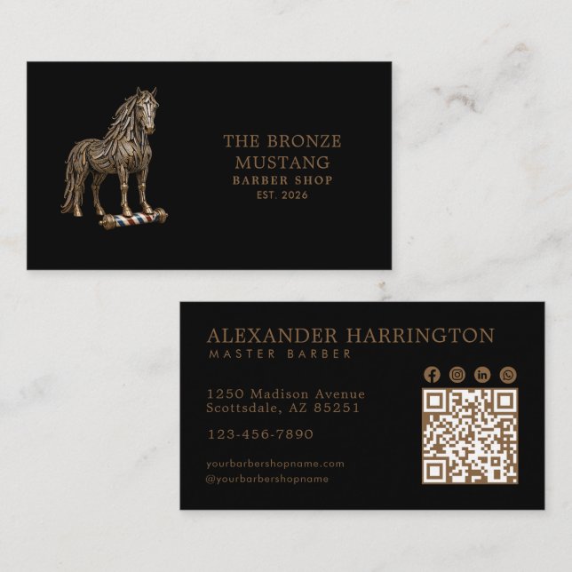 Brons Mustang Professional Barber Shop Qr Kod Visitkort (Fram/baksida)