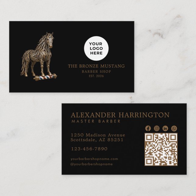 Brons Mustang Professional Barber Shop Qr Kod Visitkort (Fram/baksida)