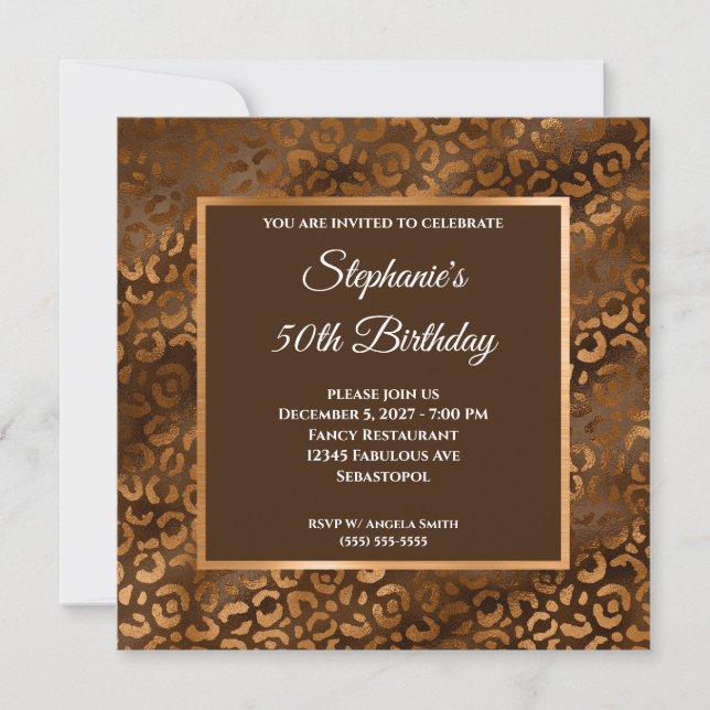 Brons och Brun Folie Leopard Glam 50-årsdag Inbjudningar (Framsida)
