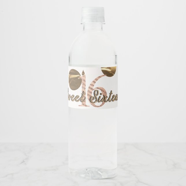 Brons Polka Prickar Roséguld 16-års Födelsedag Vattenflaskor Etikett (Framsida)