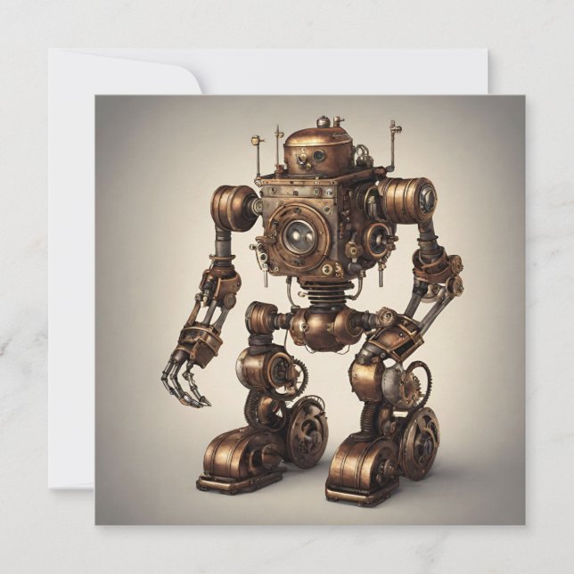 Brons Steampunk Robot Skulptur Inbjudningar (Framsida)