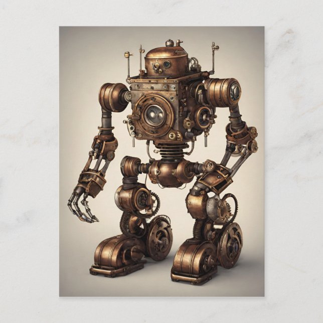 Brons Steampunk Robot Skulptur Vykort (Framsida)