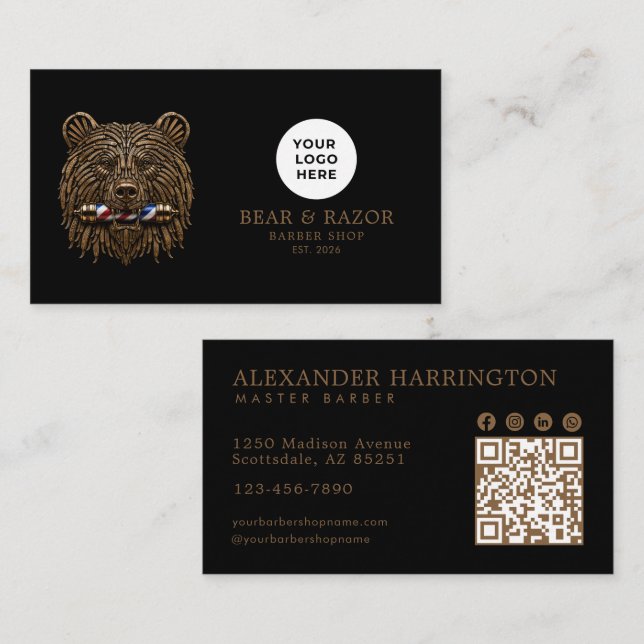 Bronsbjörn Professional Barber Shop Qr-kod Visitkort (Fram/baksida)