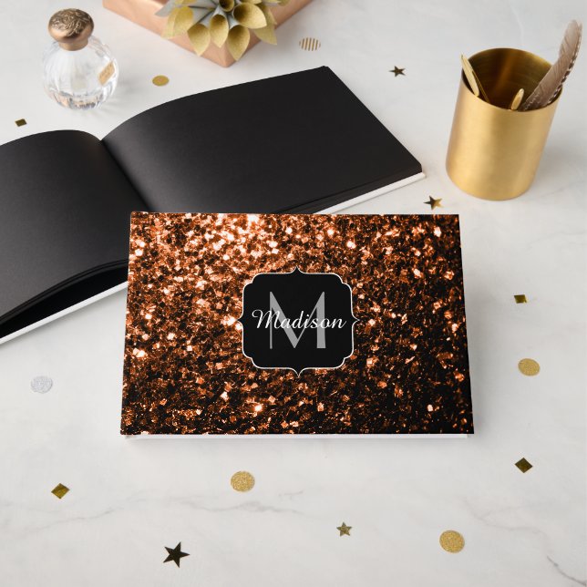 Bronsbrun kopparfalska glittrar gnistrar Monogram Gästböcker (Framsida öppen)