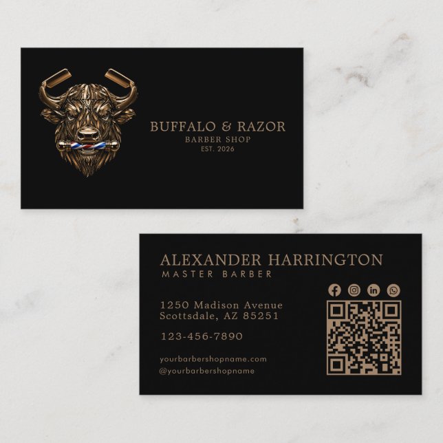 Bronsbuffel professionell barberare Qr-kod Visitkort (Fram/baksida)