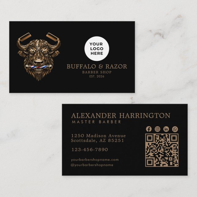 Bronsbuffel professionell herrfrisör Qr-kod Visitkort (Fram/baksida)