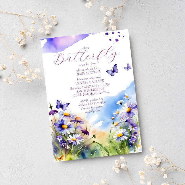 Bröntgevär från fjärilshuset, daisy inbjudningar (Butterfly baby shower template invitation digital download meadow daisies violets purple butterflies)