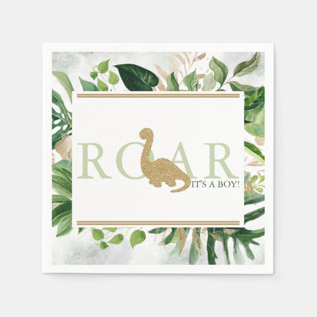 Brontosaurus Baby Shower Cocktail Grönt och Guld Pappersservett (Framsidan)