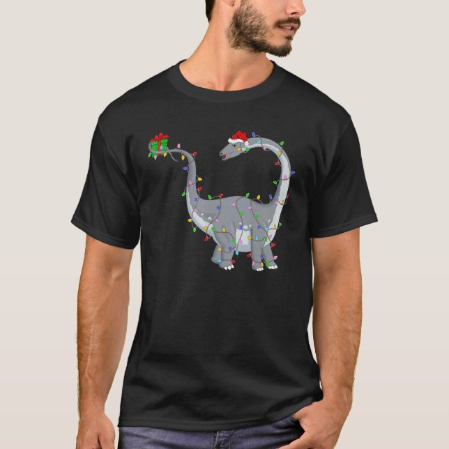 Brontosaurus Dinosaur Julafton Ljus Dinosaur Krist T Shirt (Framsida)