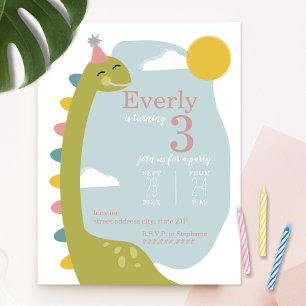 Brontosaurus Himlar Dinosaur Girl Birthday Inbjudningar