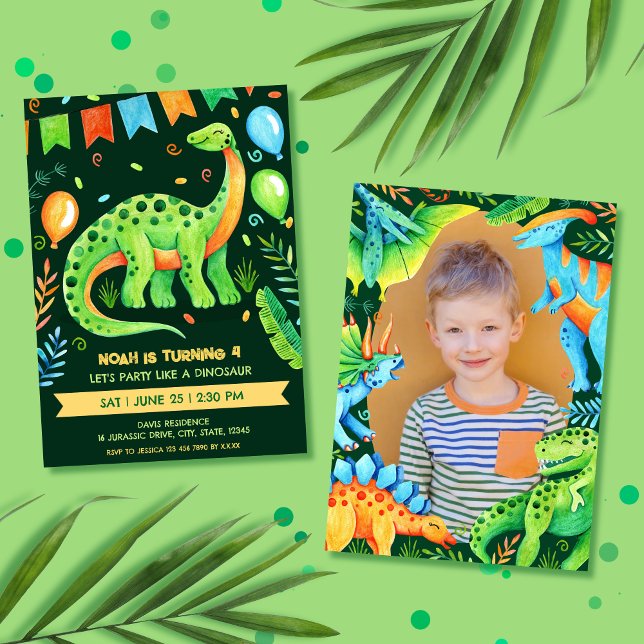 Brontosaurus Jurassic Boy Dinosaur Party Photo Inbjudningar (Brontosaurus Cute Dinosaur Boys Birthday Invitation)