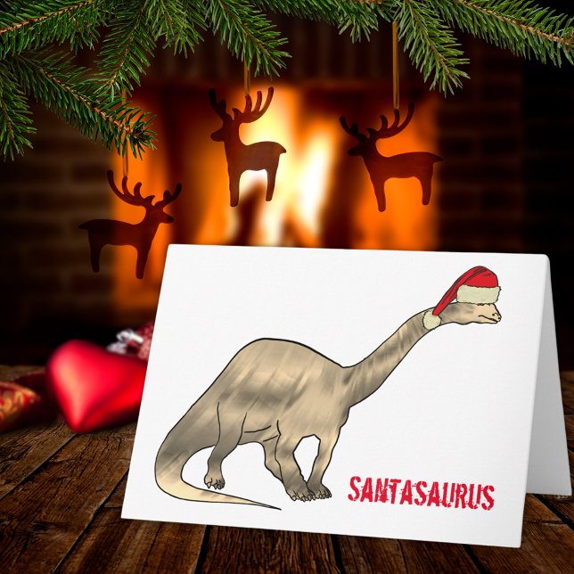 Brontosaurus Santa Dinosaur Slogan Kort (Christmas dinosaur santasaurus  cute brontosaurus wearing a Santa hat holiday greetings card )