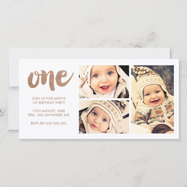 Bronze 1:a födelsedag Vit 3 Ram-fotokort (Framsida)