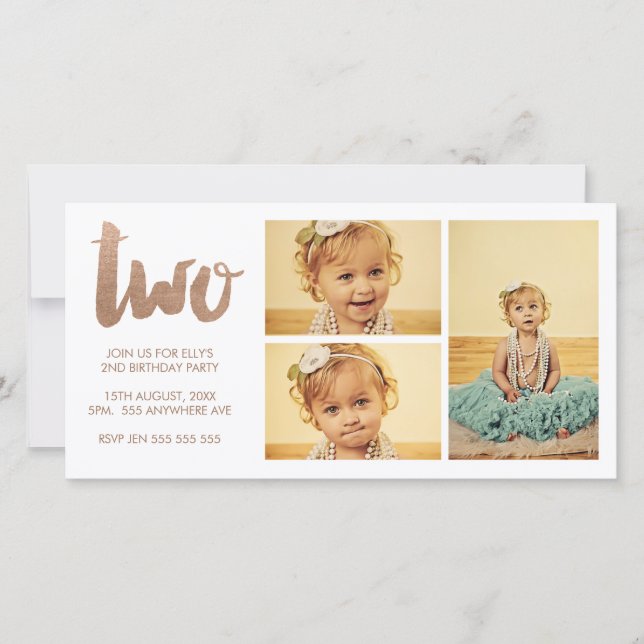 Bronze 2:a födelsedag Vit 3-Ram-fotokort (Framsida)