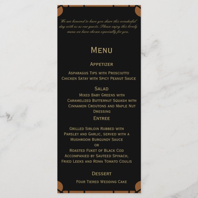 Bronze Art Deco Peacock och Blommigt Bröllop Menu Meny (Framsida)