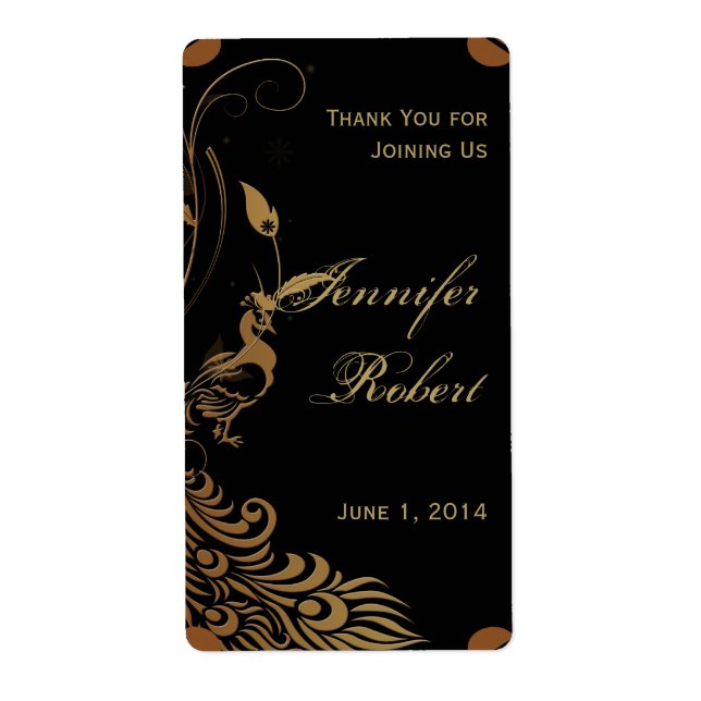 Bronze Art Deco Peacock och Blommigt Vin-etikett Fraktsedel (Framsidan)