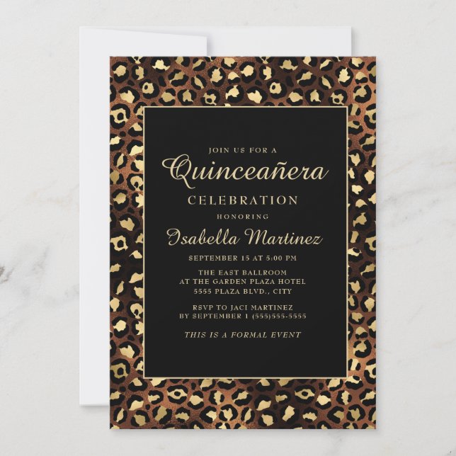 Bronze Black Guld Leopard Quinceañera Party Inbjudningar (Framsida)