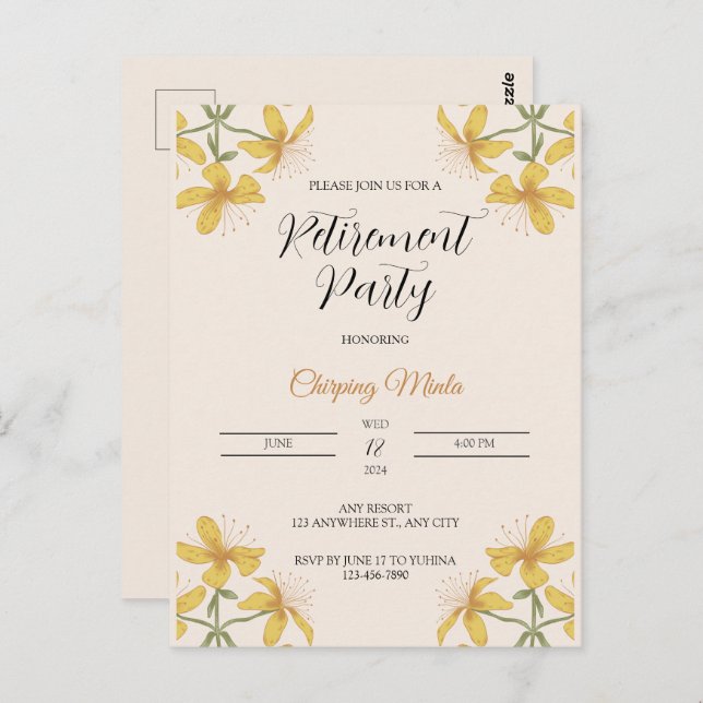 Bronze blommigt Pension inbjudande vykort (Fram/baksida)