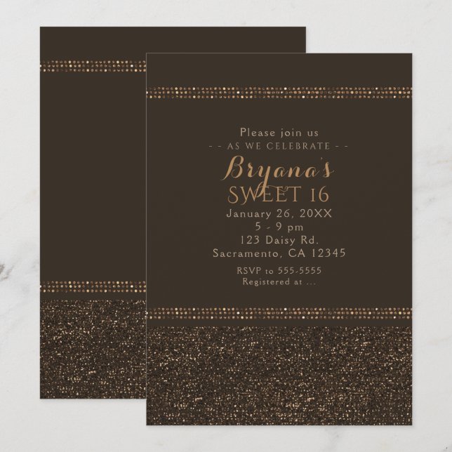 Bronze Brown Chic Sparkling Glam Party-inbjudninga Inbjudningar (Fram/baksida)