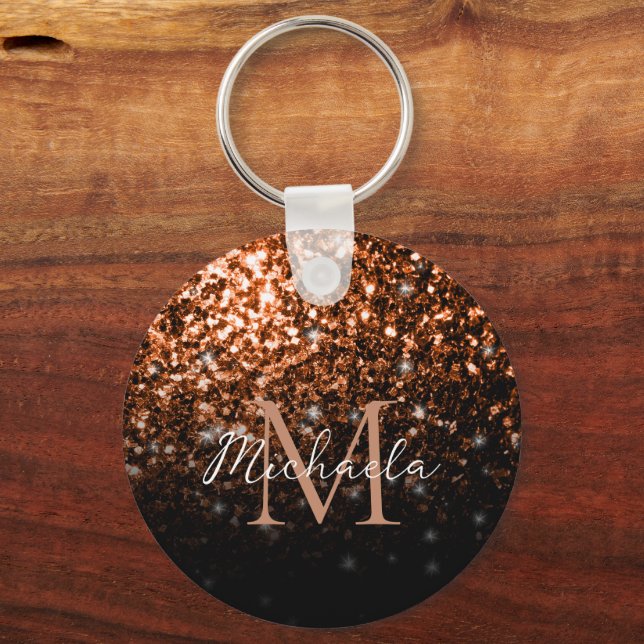 Bronze brunkopparfaux glitter-sparkler Monogram Nyckelring (Framsida)