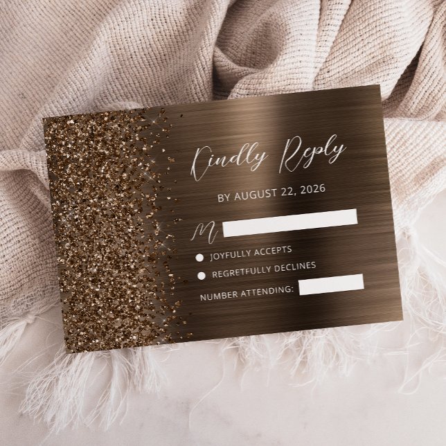 Bronze Brushed Metal Glitter Script Wedding OSA Kort (Skapare uppladdad)