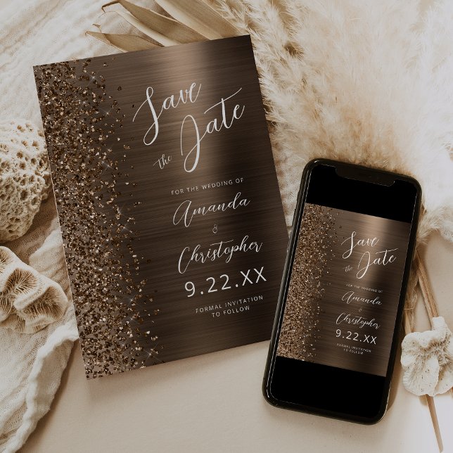 Bronze Brushed Metal Script Save the Date Meddelande (Skapare uppladdad)