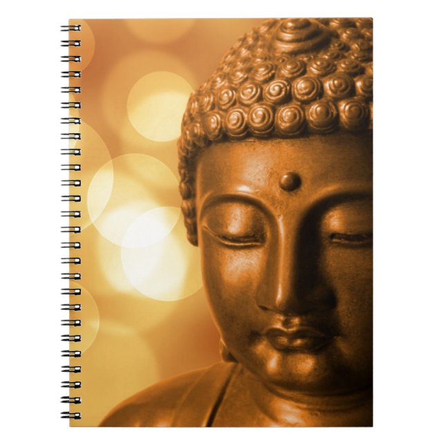 Bronze Buddha Statue med Golden Bokeh Background Anteckningsbok (Framsidan)