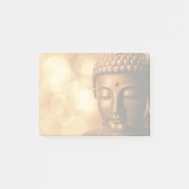 Bronze Buddha Statue med Golden Bokeh Background Post-it Block (Framsida)