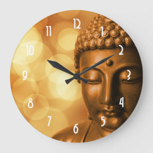 Bronze Buddha Statue med Golden Bokeh Background Stor Klocka