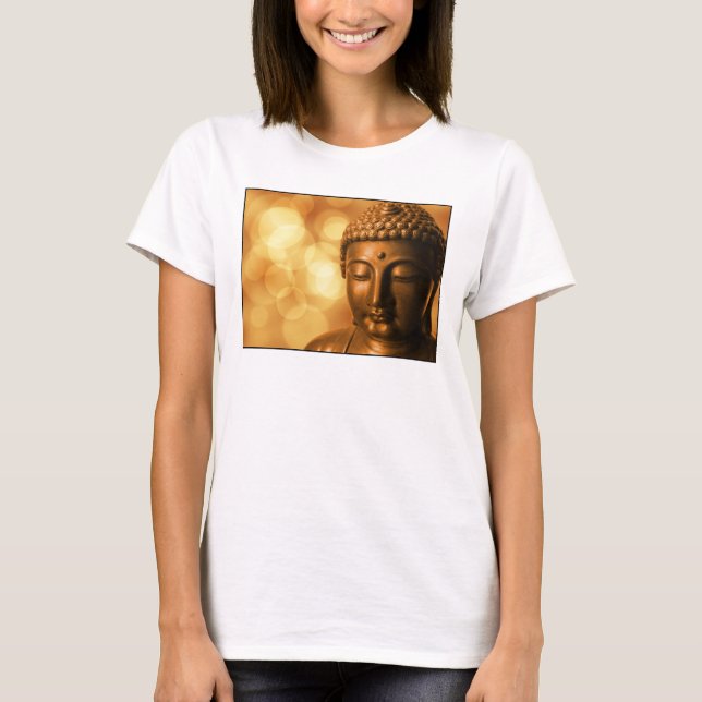 Bronze Buddha Statue med Golden Bokeh Background T-shirt (Framsida)