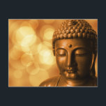 Bronze Buddha Statue med Golden Bokeh Background Vykort<br><div class="desc">En serenstaty och fredlig bronsstaty i Buddha,  som mediterade med öga stängd. Bakgrunden är stil med guld glansigt ljus suddigt och ofokuserat.</div>