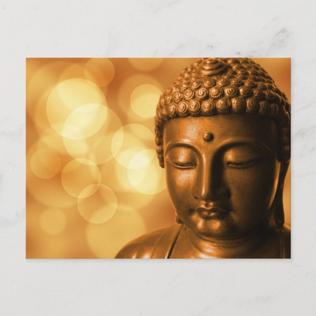 Bronze Buddha Statue med Golden Bokeh Background Vykort (Framsida)