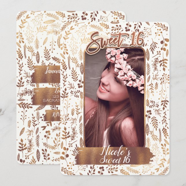 Bronze Copper Foil Modern Sweet 16 Birthday Photo Inbjudningar (Fram/baksida)