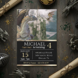 Bronze Dragon Medieval Castle Metallic Birthday Inbjudningar